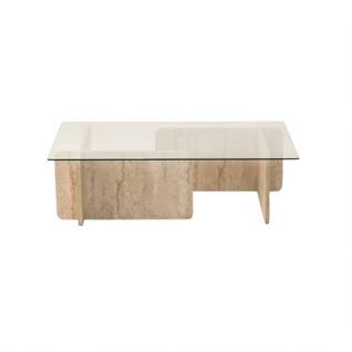 Table Basse Design Kindy D105cm Verre Transparent Et Effet Travertin Beige