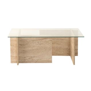 Table Basse Design Kinda L105cm Verre Transparent Et Effet Travertin Beige