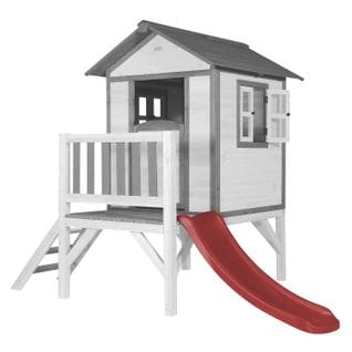 Maison Enfant Beach Lodge Xl En Blanc Avec Toboggan En Rouge   Maison De Jeux En Bois Ffc Pour