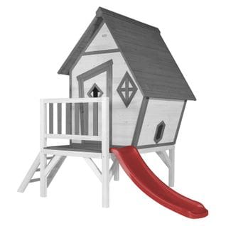 Cabin XL Maison Enfant Avec Toboggan Rouge   Aire De Jeux Pour L'extérieur En Gris et Blanc