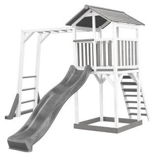 Beach Tower Aire De Jeux Avec Toboggan En Gris, Cadre D'escalade et Bac à Sable   Grande Maison