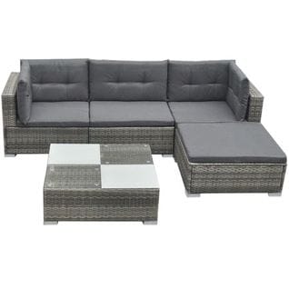 Salon De Détente En Résine Tressée Avec Coussins - 5 Pièces - Gris Clair