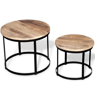 Table Basse 2 PCs Bois De Manguier Brut Rond 40/50 Cm