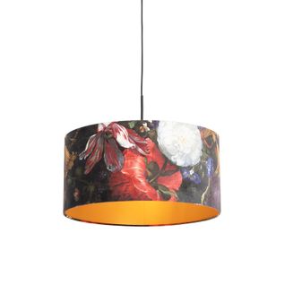 Suspension Avec Abat-jour Velours Fleurs Doré 50 Cm - Combi