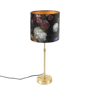 Lampe De Table Or / Laiton Avec Abat-jour Velours Fleurs 25 Cm - Parte