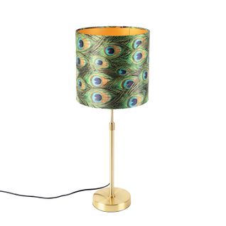 Lampe De Table Or / Laiton Avec Abat-jour Velours Paon 25 Cm - Parte