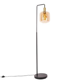 Lampadaire Design Noir Avec Laiton Et Verre Ambré - Zuzanna