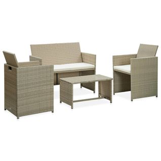 Salon De Jardin 4 PCs Avec Coussins Beige Résine Tressée