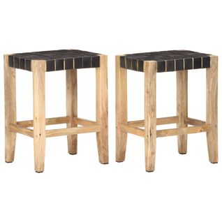 Tabourets De Bar 2 PCs Noir Cuir Véritable Manguier 46x36x60 Cm