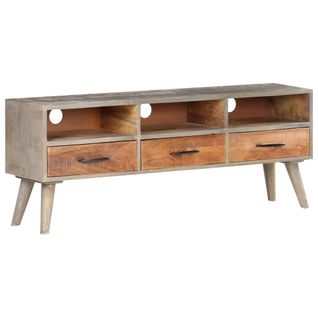 Meuble TV Gris 130x35x51 Cm Bois Massif De Manguier Brut