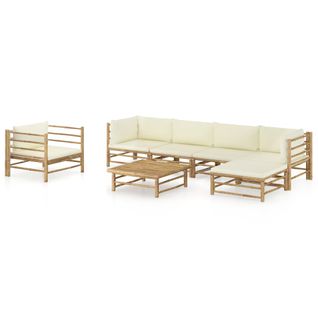 Salon De Jardin 7 PCs Avec Coussins Blanc Crème Bambou