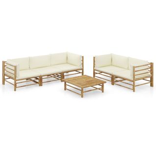 Salon De Jardin 6 PCs Avec Coussins Blanc Crème Bambou