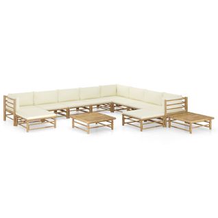 Salon De Jardin 12 PCs Avec Coussins Blanc Crème Bambou