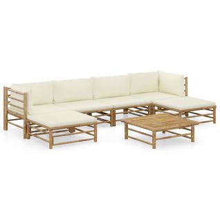 Salon De Jardin 7 PCs Avec Coussins Blanc Crème Bambou