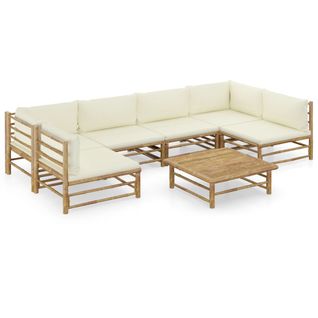 Salon De Jardin 7 PCs Avec Coussins Blanc Crème Bambou