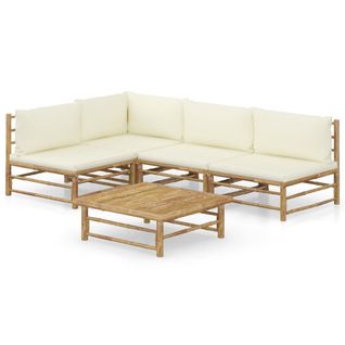 Salon De Jardin 5 PCs Avec Coussins Blanc Crème Bambou