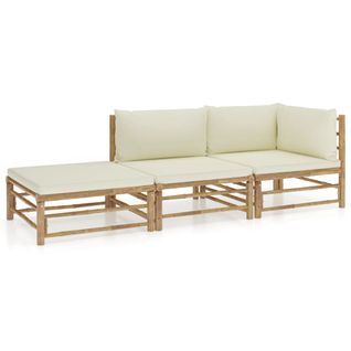 Salon De Jardin 3 PCs Avec Coussins Blanc Crème Bambou