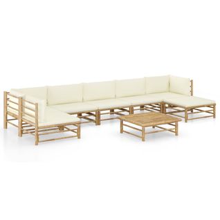 Salon De Jardin 8 PCs Avec Coussins Blanc Crème Bambou