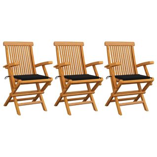 Chaises De Jardin Avec Coussins Noir 3 PCs Bois De Teck Massif