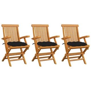 Chaises De Jardin Avec Coussins Noir 3 PCs Bois De Teck Massif