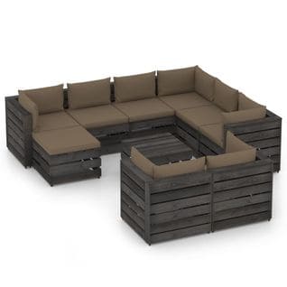 Salon De Jardin 10 PCs Avec Coussins Bois Imprégné De Gris