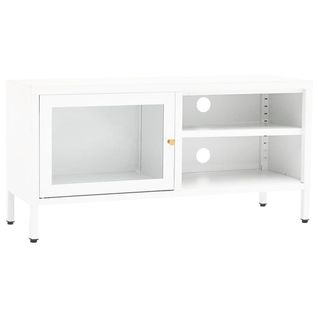 Meuble TV Blanc 90x30x44 Cm Acier Et Verre