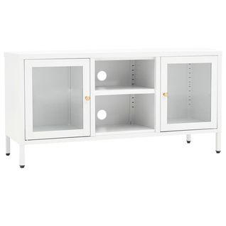 Meuble TV Blanc 105x35x52 Cm Acier Et Verre