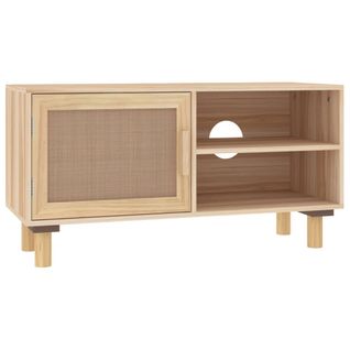 Meuble TV Marron 80x30x40cm Bois De Pin Massif Et Rotin Naturel