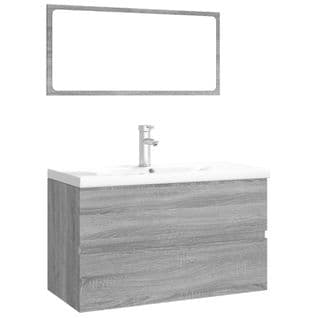 Ensemble Meuble Vasque 80 x 39,5 x 45 Cm - Vasque + Robinet + Miroir - Gris