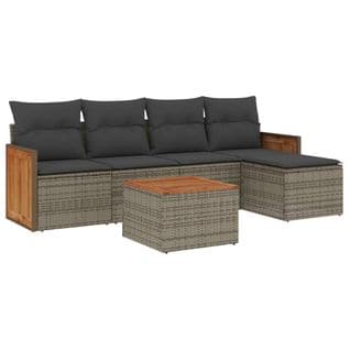 Salon De Jardin 6 PCs Avec Coussins Gris Résine Tressée