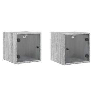 Lot De 2 Tables De Chevet Et Portes Vitrées - Tables De Nuit Sonoma Gris 35x37x35cm