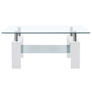 Table Basse, Table De Salon Blanc Et Transparent 95x55x40 Cm Verre Trempé