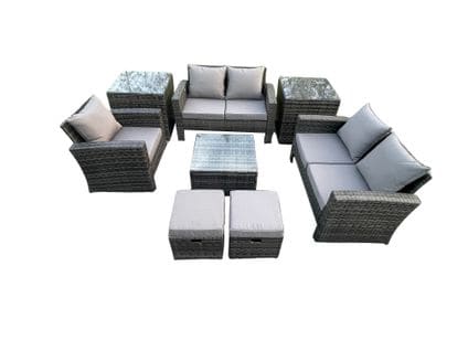 7 Places Salon De Jardin En Rotin Ave Table Basse Chaise 2 Table D'appoint Gris Foncé