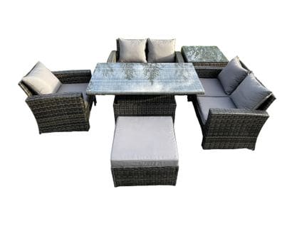 6pcs Salon De Jardin En Rotin Ave Table à Manger Réglable En Hauteur Ave Tabouret