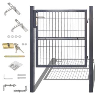 Portillon De Jardin Grillagé, En Acier Galvanisé, Clôture Avec Serrure, Porte 100 X 100cm, Gris