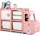 Meuble De Rangement Jouets Pour Enfant En Forme Camion Avec 2 Bac Et 2 Tiroirs, 110x32x66cm, Rose