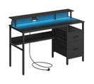 Bureau Gaming Avec Lumières Led Et Multiprise, Avec Support D'écran, 2 Tiroirs, 2 Ports Usb, Noir