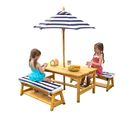 Table Et Bancs D'extérieur En Bois Avec Coussins Et Parasol Pour Enfant - Rayures Bleu Et Blanches