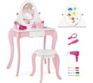 2 En 1 Coiffeuse Princesse Enfants Avec Tabouret Avec Miroir Rotatif Et Double Face, Pour 3-7 Ans