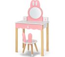 Coiffeuse Avec Tabouret Pour Enfants, Miroir Amouvible,2 Boîtes De Rangement, Décor Rose + Blanc