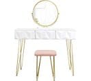 Coiffeuse Avec Tabouret Et Miroir Pivotant Moderne 100 Cm Rond Blanc Doré 19_0000184