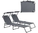 Lot De Deux Transats Pliable Avec Toiture Pare-soleil De Relax Acier 190 Cm Gris Foncé 03_0004512