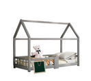 Lit cabane enfant 90x200 avec sommier à lattes et protection, en bois massif de pin, gris