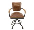 Gaston - Fauteuil Desk Vintage Cuir Marron Et Métal Noir à Roulettes Accoudoirs En Bois