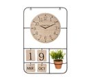 Pendule Murale En Métal Et Bois Avec Calendrier Perpétuel Et Plante Verte En Pot