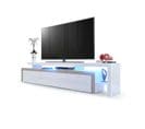 Meuble TV  Laqué Blanc Bordure Aspect Chêne  Avec LED 227 X 52 X 35 Cm