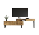 Meuble TV moderne avec motif marbre et grain de bois, bord en PVC, pieds en fer,  bois foncé