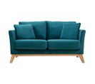 Canapé Scandinave Déhoussable 2 Places En Tissu Velours Bleu Pétrole Et Bois Clair Oslo