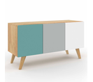 Buffet Bas Scandinave 113 Cm Alice 3 Portes Bleu, Gris Et Blanc