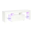 Meuble TV LED Style Contemporain - Grand Tiroir, Niche, 2 Étagères Verre - Blanc Laqué